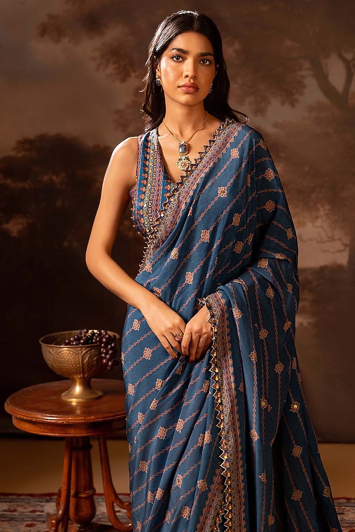 Blue Malaysian Silk Printed Pre-Stitched Wedding Saree Set by Soup by Sougat Paul at Pernia's Pop Up Shop