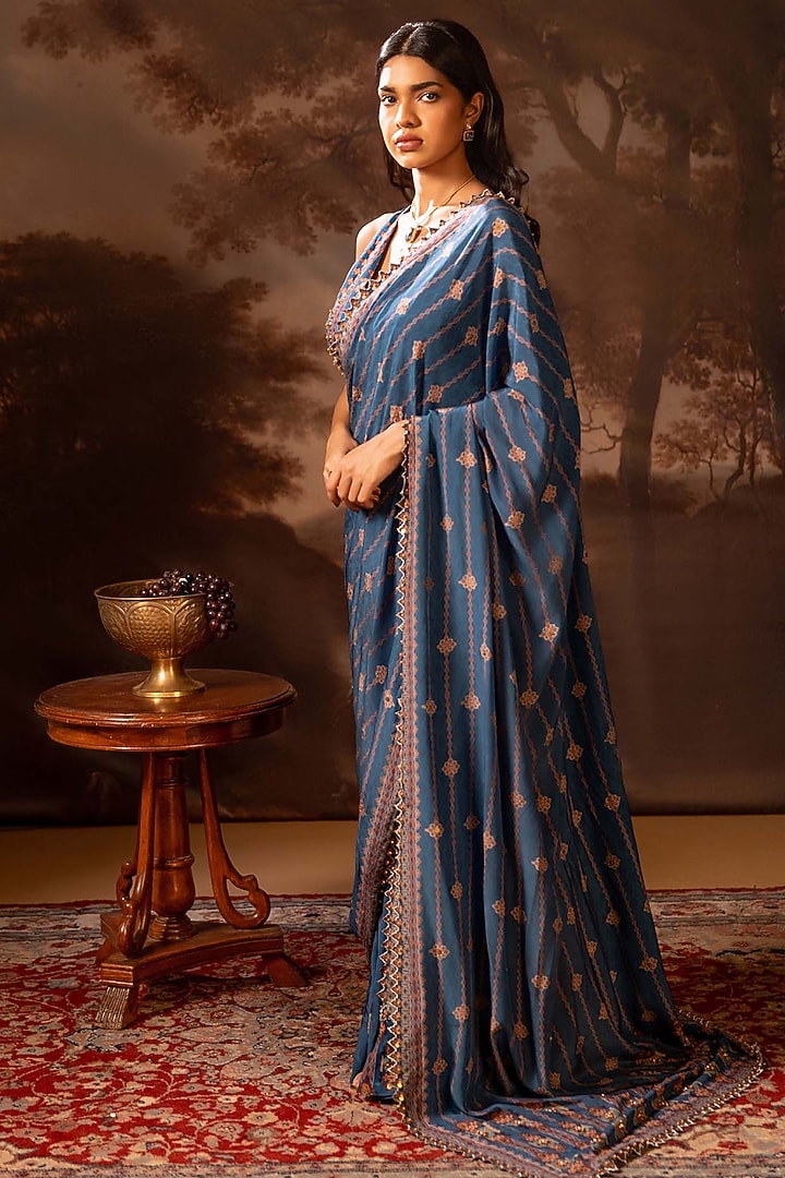 Blue Malaysian Silk Printed Pre-Stitched Wedding Saree Set by Soup by Sougat Paul at Pernia's Pop Up Shop