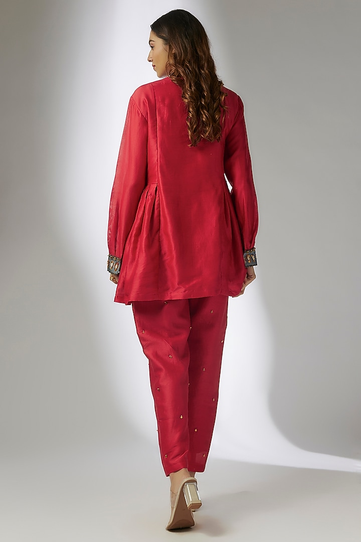 Red Chanderi Hand Embroidered Co-Ord Set by Soup by Sougat Paul at Pernia's Pop Up Shop