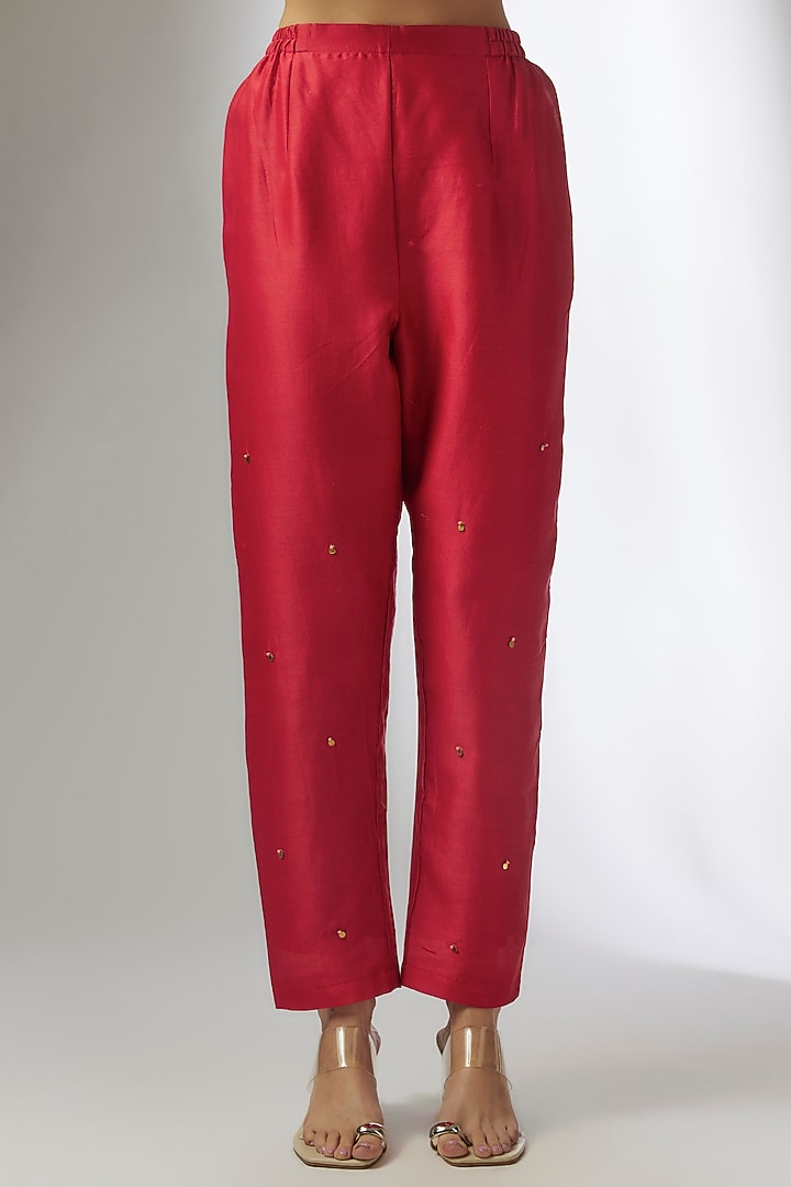 Red Chanderi Hand Embroidered Co-Ord Set by Soup by Sougat Paul at Pernia's Pop Up Shop