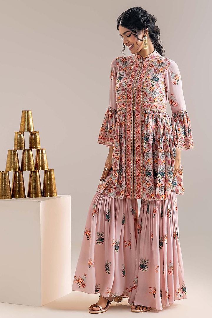 Pink Crepe Party Wear Sharara Set by Soup by Sougat Paul at Pernia's Pop Up Shop