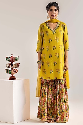 Yellow Malaysian Silk Embellished Kurta Set by Soup by Sougat Paul