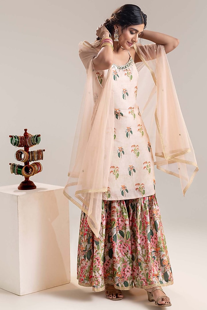 Beige Malaysian Silk Embellished Kurta Set by Soup by Sougat Paul at Pernia's Pop Up Shop
