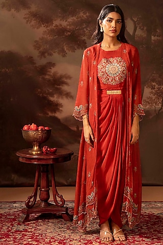Red Crepe Printed Draped Jacket Dress by Soup by Sougat Paul