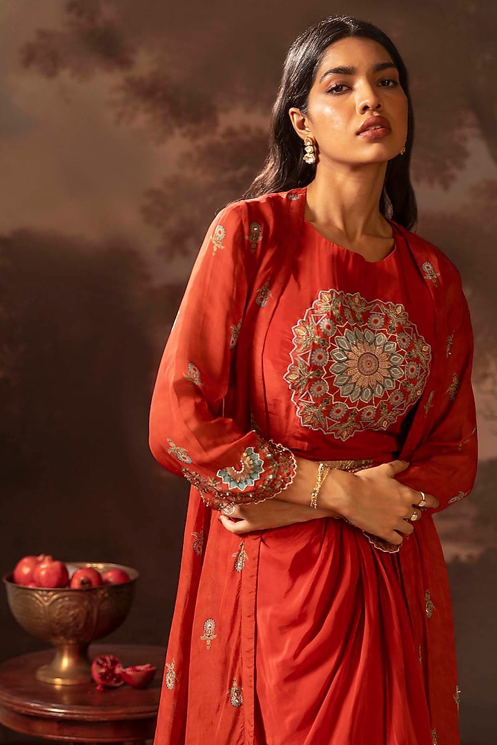 Red Crepe Printed Draped Jacket Vacation Dress by Soup by Sougat Paul at Pernia's Pop Up Shop