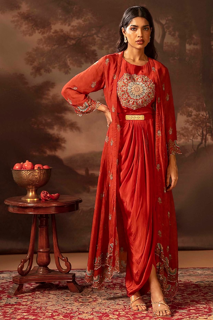 Red Crepe Printed Draped Jacket Vacation Dress by Soup by Sougat Paul at Pernia's Pop Up Shop