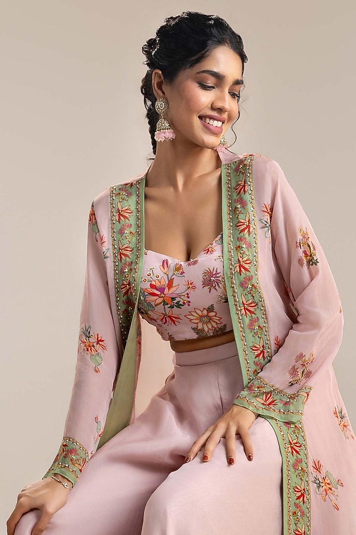 Pink Organza Embroidered Jacket Set by Soup by Sougat Paul at Pernia's Pop Up Shop