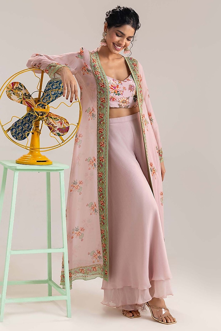 Pink Organza Embroidered Jacket Set by Soup by Sougat Paul at Pernia's Pop Up Shop