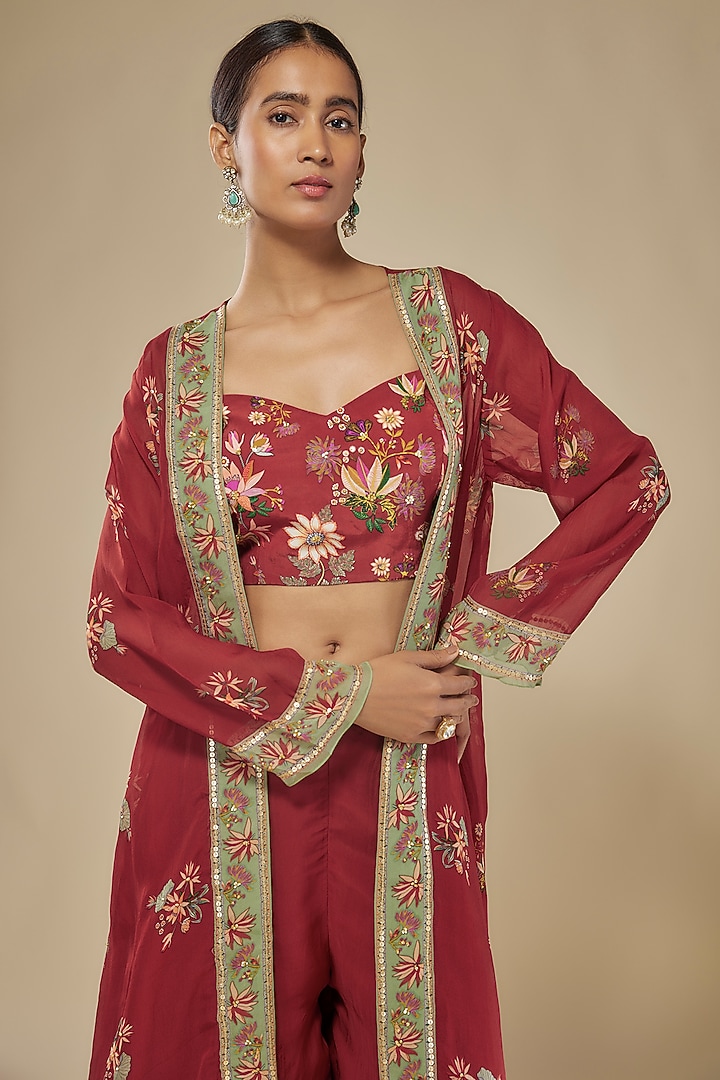 Red Organza Embroidered Jacket Set by Soup by Sougat Paul at Pernia's Pop Up Shop