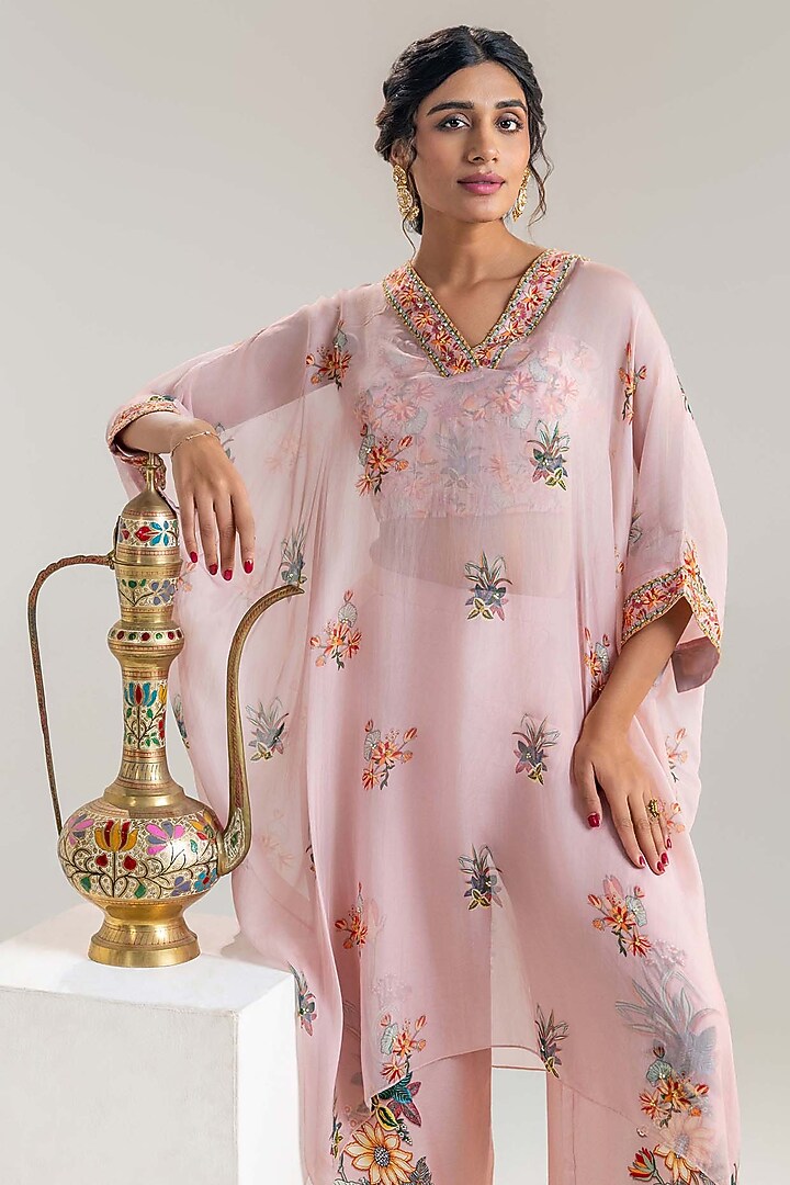 Pink Chanderi Embroidered Kaftan Set by Soup by Sougat Paul at Pernia's Pop Up Shop