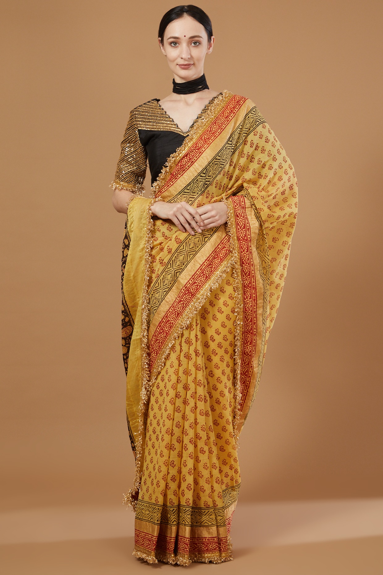 Nikasha Printed Saree With Blouse | Yellow, Georgette, V Neck, Sleeveless |  Blouses for women, Printed sarees, Fashion