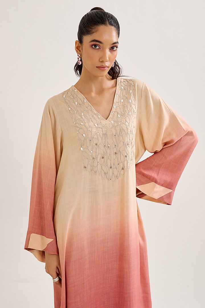 Salmon Ombre Cotton Slub Sequin Embroidered Kurta Set by Siyona By Ankurita at Pernia's Pop Up Shop