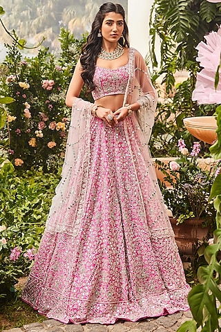 Bubble Gum Pink Raw Silk Embroidered Lehenga Set by Surabhi Chopra