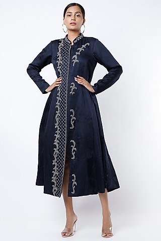Navy Blue Beaded A-Line Kurta by Siddh by Deepa Goel