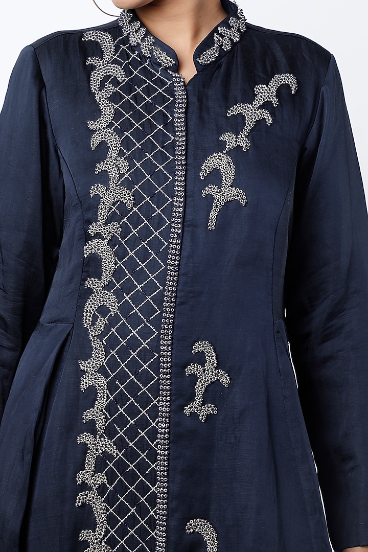 Navy Blue Beaded A-Line Kurta by Siddh by Deepa Goel at Pernia's Pop Up Shop