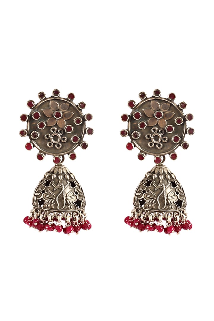 Silver Finish Ruby Stone Jhumka Earrings In Sterling Silver by Sangeeta Boochra