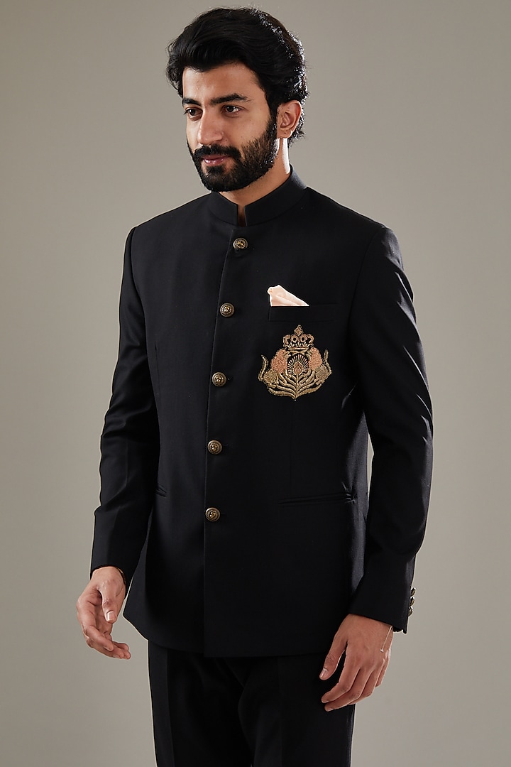Black Terry Wool Embroidered Jodhpuri Set by SBJ at Pernia's Pop Up Shop