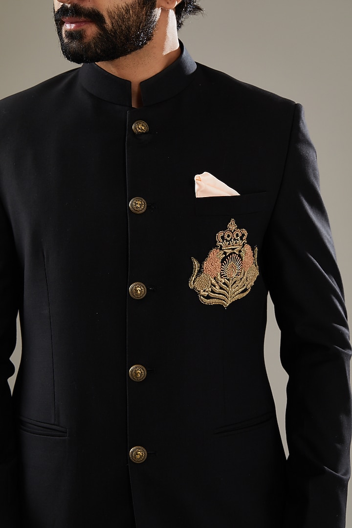 Black Terry Wool Embroidered Jodhpuri Set by SBJ at Pernia's Pop Up Shop