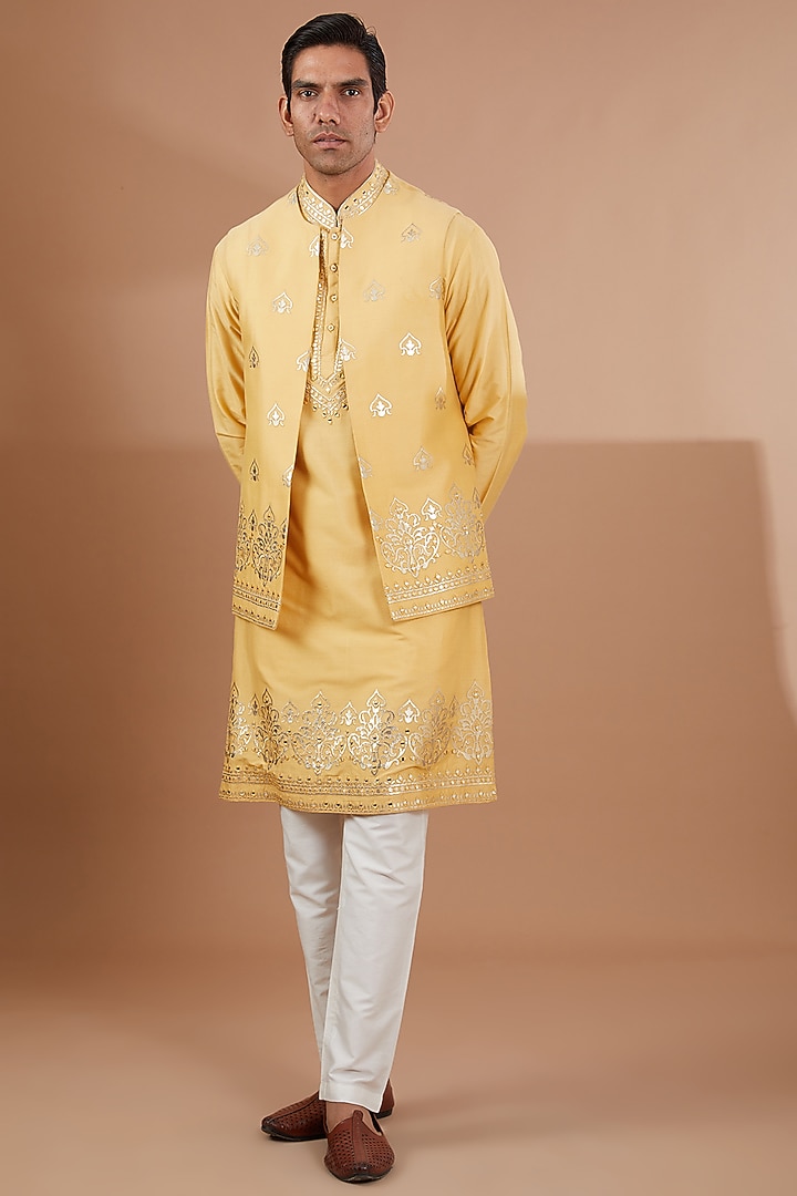 Yellow Silk Patchwork Nehru Jacket Set by SBJ at Pernia's Pop Up Shop