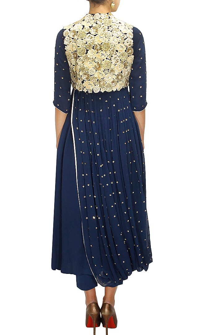 Midnight blue floral embroidered drape kurta set available only at Pernia's Pop-Up Shop.