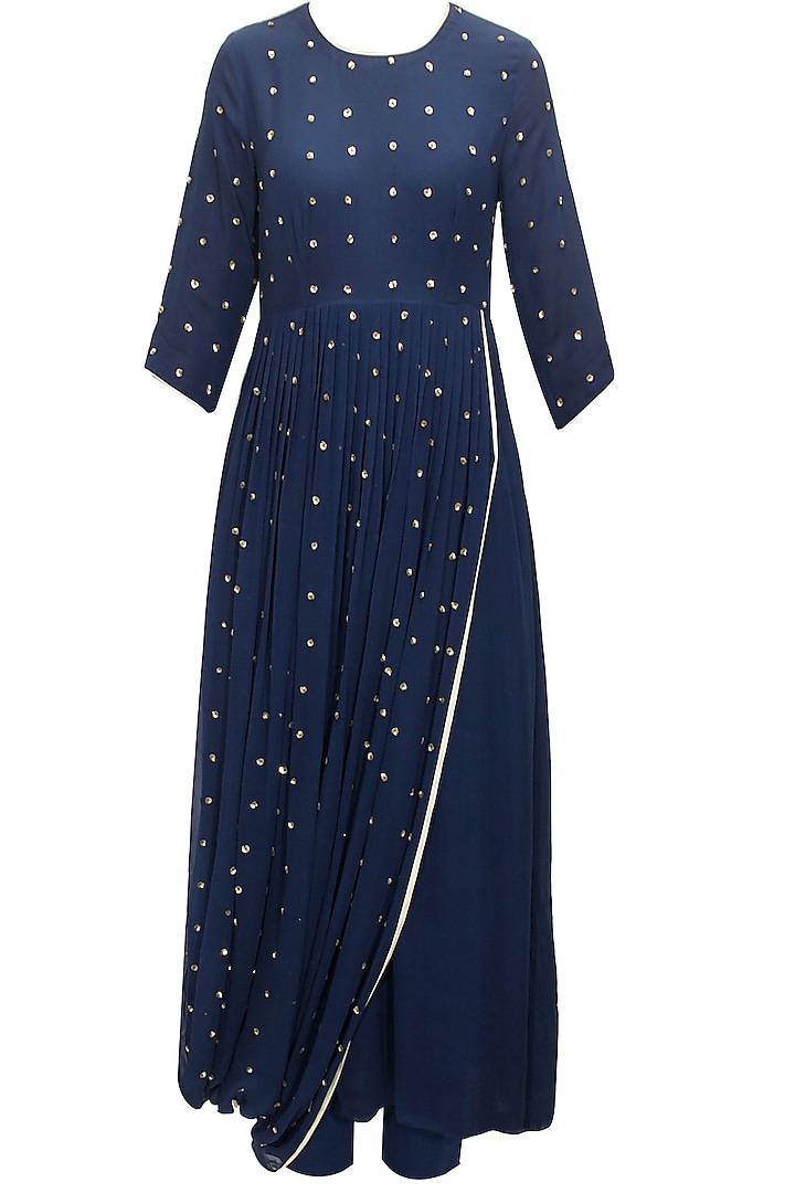 Midnight blue floral embroidered drape kurta set available only at Pernia's Pop-Up Shop.