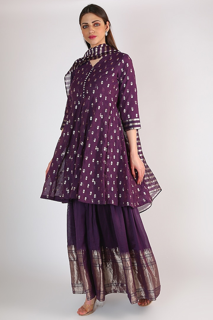 Purple Chanderi Kalidar Gharara Set With Buttis by Sobariko at Pernia's Pop Up Shop