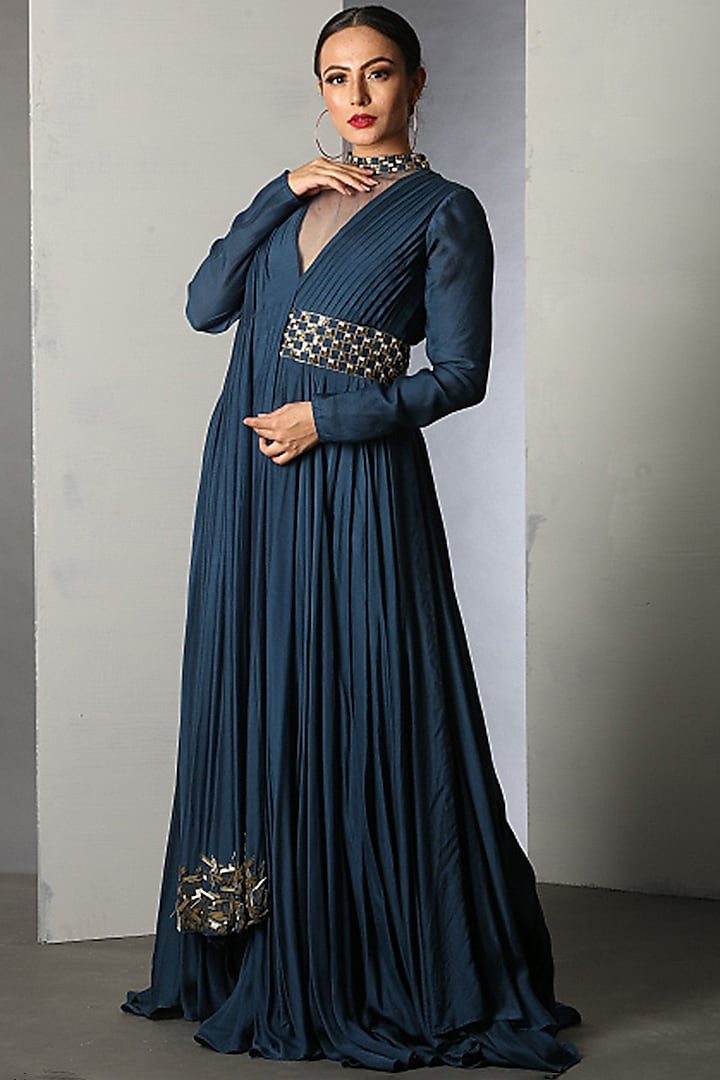 Nautilus Blue Draped Gown With Pipework by Siyaahi by Poonam & Rohit