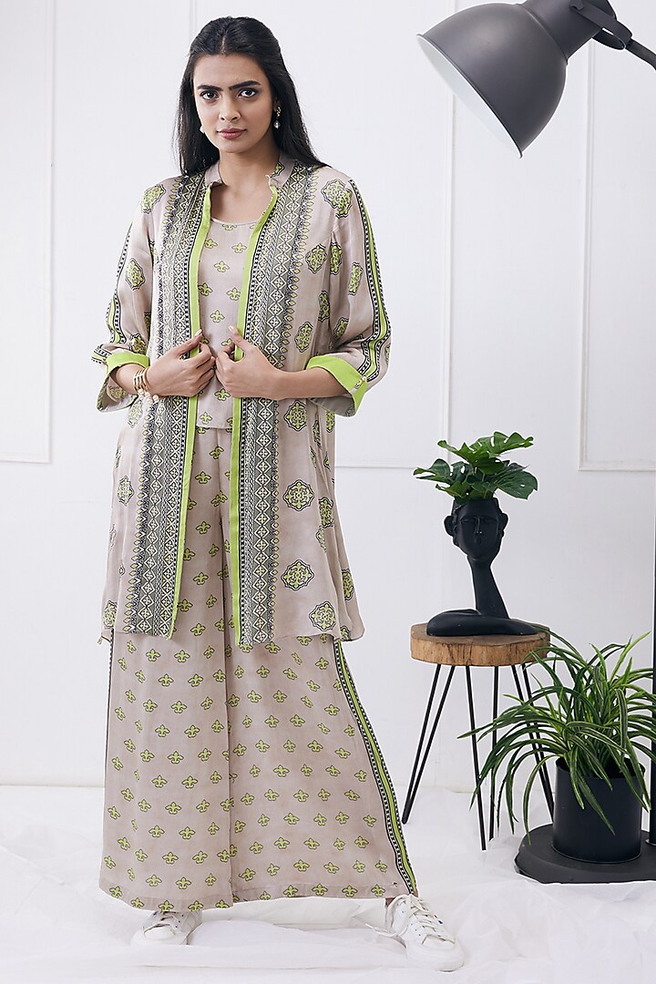 Beige & Green Satin Printed Jacket Set by Soup by Sougat Paul