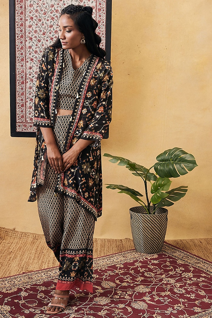 Black Crepe Embroidered Jacket Set by Soup by Sougat Paul