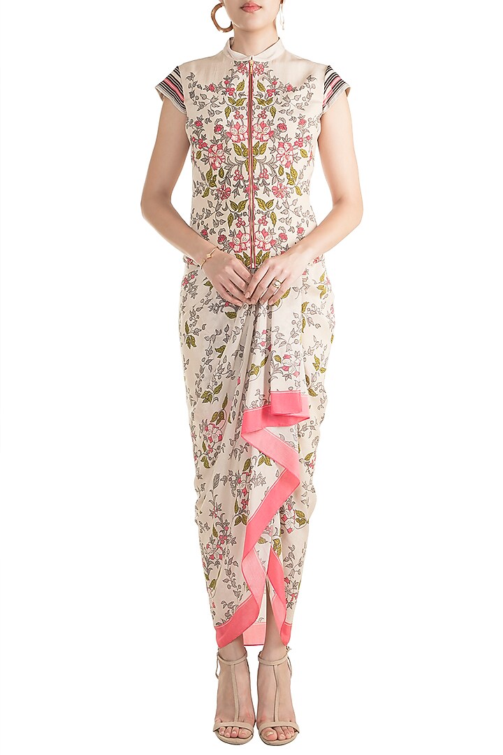 Ivory & Pink Jacket With Dhoti Skirt by Soup by Sougat Paul at Pernia's Pop Up Shop