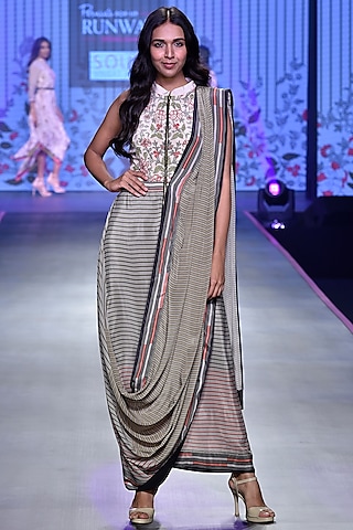 Ivory & Olive Green Crepe Drape Saree Gown by Soup by Sougat Paul