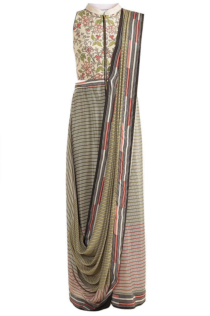 Ivory & Olive Green Crepe Drape Party Wear Saree Gown by Soup by Sougat Paul at Pernia's Pop Up Shop