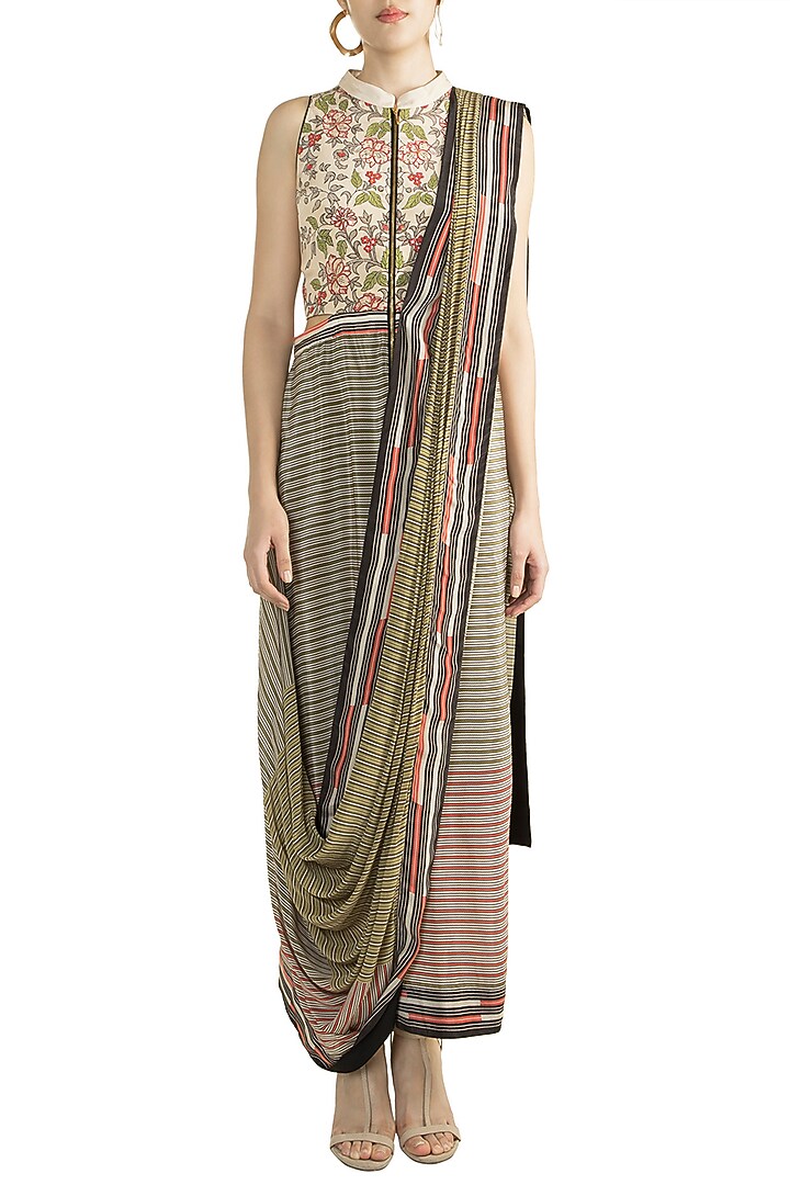 Ivory & Olive Green Crepe Drape Party Wear Saree Gown by Soup by Sougat Paul at Pernia's Pop Up Shop