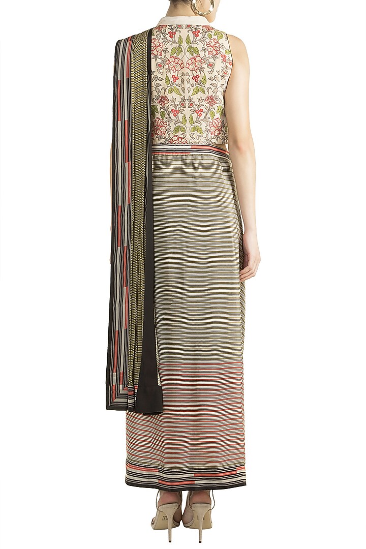 Ivory & Olive Green Crepe Drape Party Wear Saree Gown by Soup by Sougat Paul at Pernia's Pop Up Shop