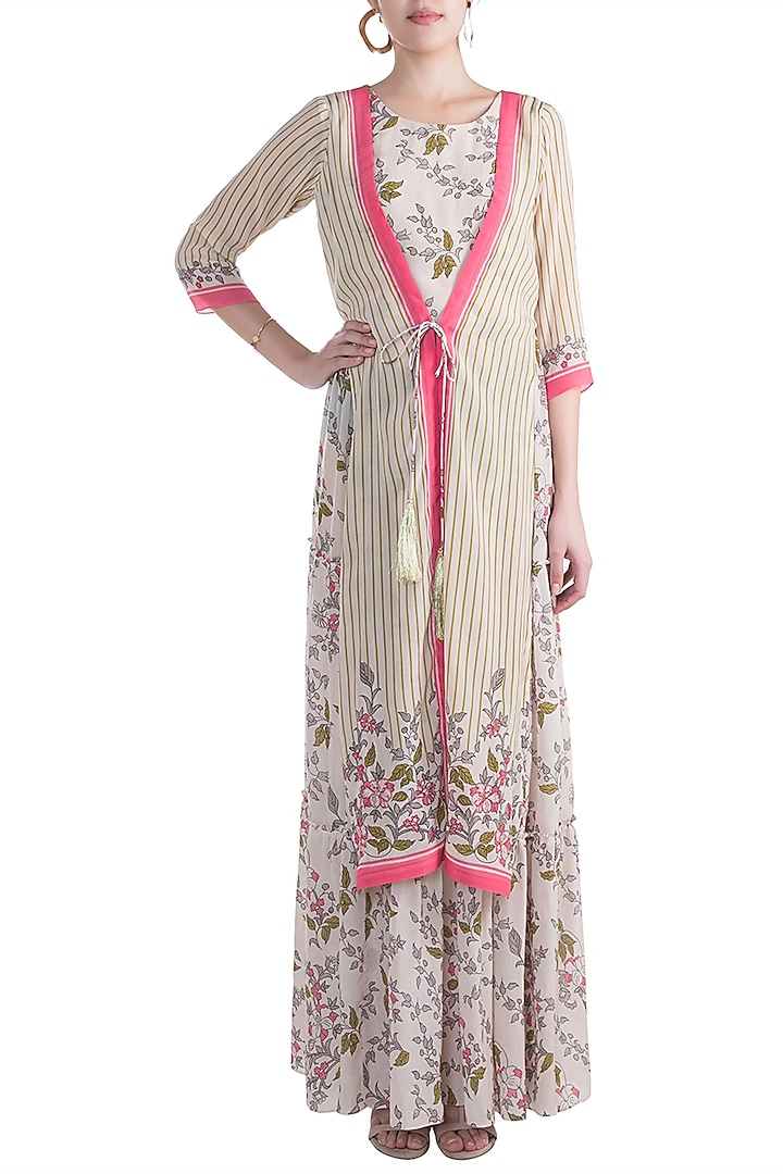 Ivory Tiered Gown With Layered Jacket by Soup by Sougat Paul at Pernia's Pop Up Shop
