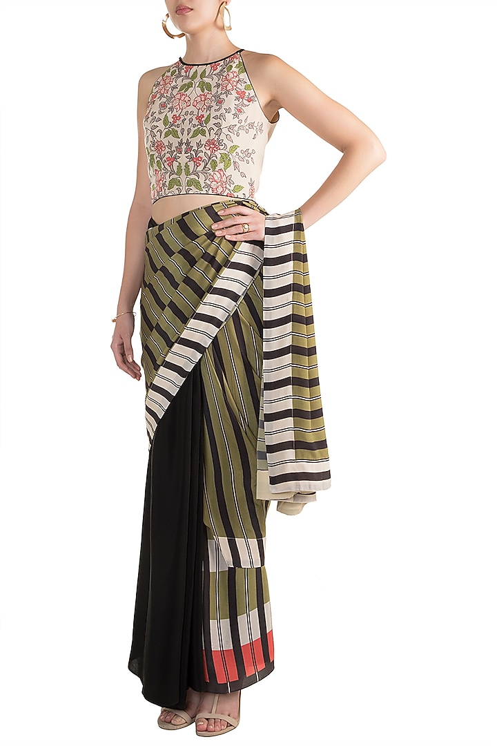 Ivory & Black Party Wear Saree Set by Soup by Sougat Paul at Pernia's Pop Up Shop