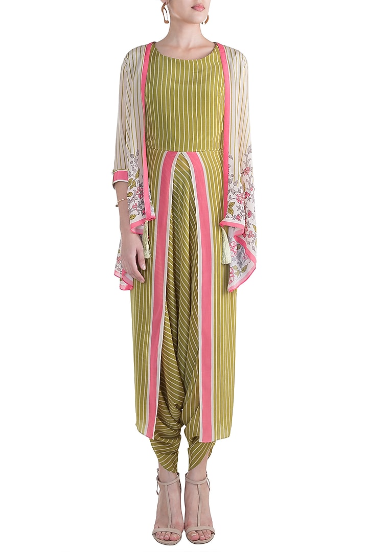 Olive Green & Ivory Jumpsuit with Jacket by Soup by Sougat Paul at Pernia's Pop Up Shop