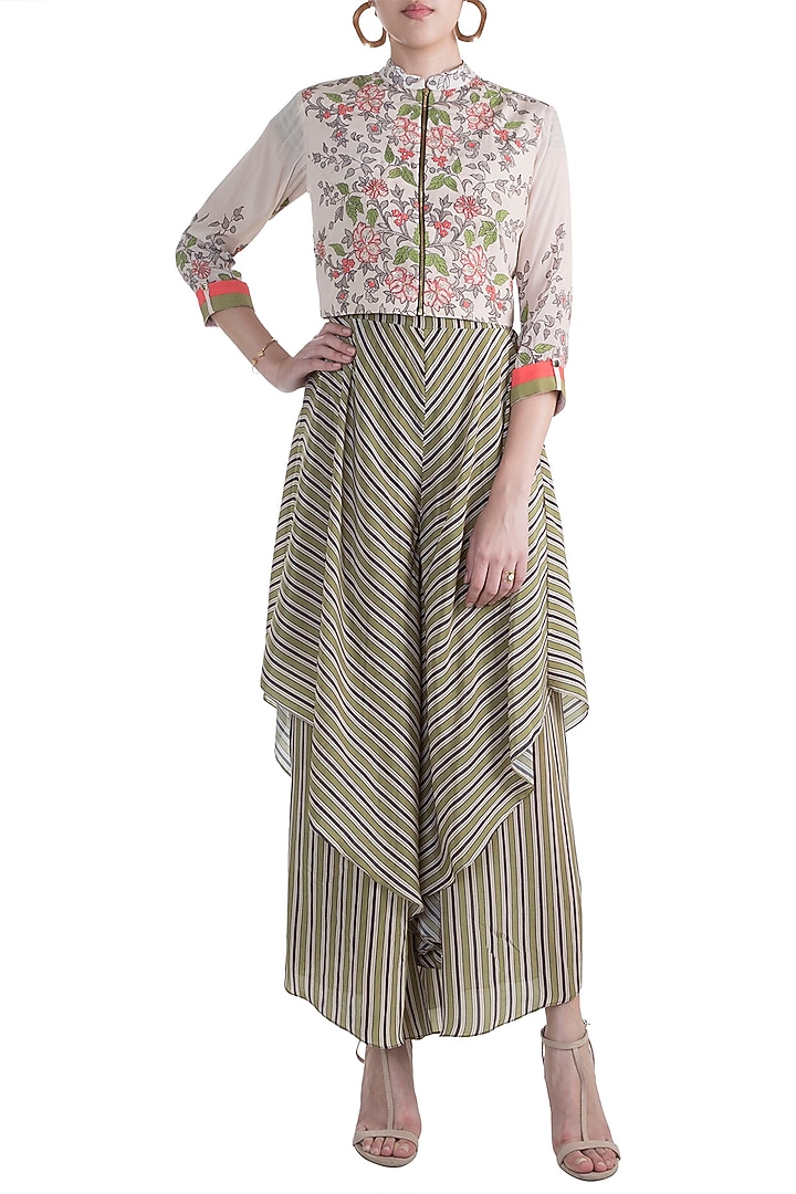 Ivory & Olive Green Jumpsuit With Jacket by Soup by Sougat Paul at Pernia's Pop Up Shop
