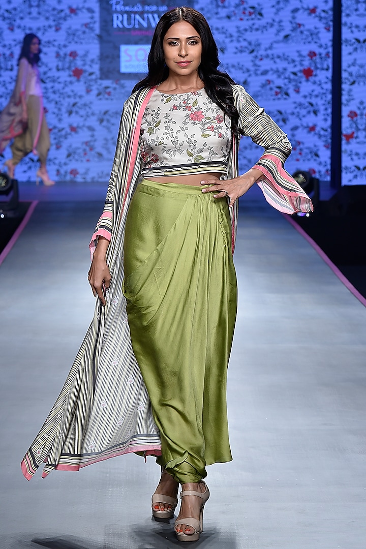 Olive Green & Ivory Top With Dhoti Skirt & Jacket by Soup by Sougat Paul