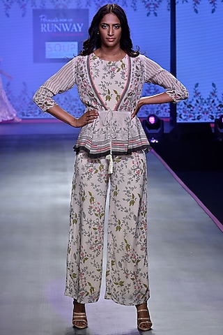 Ivory Jumpsuit With Peplum Jacket by Soup by Sougat Paul