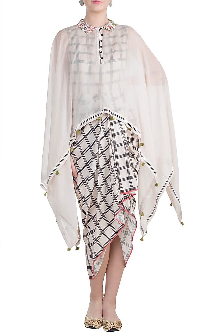 Ivory Draped Summer Dress With Tasseled Cape by Soup by Sougat Paul at Pernia's Pop Up Shop
