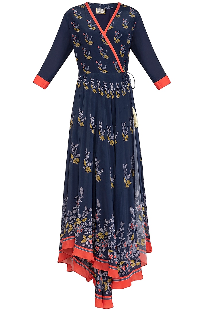 Indigo Blue Printed Embroidered Wrap Dress by Soup by Sougat Paul