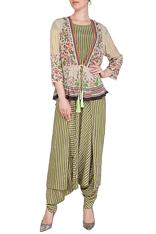 Off White Embroidered Printed Jumpsuit With Peplum Jacket by Soup by Sougat Paul