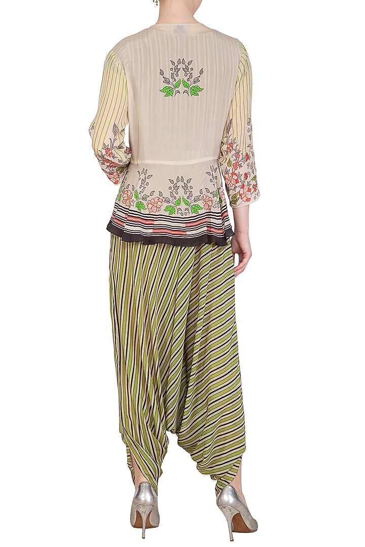 Off White Embroidered Printed Jumpsuit With Peplum Jacket by Soup by Sougat Paul at Pernia's Pop Up Shop