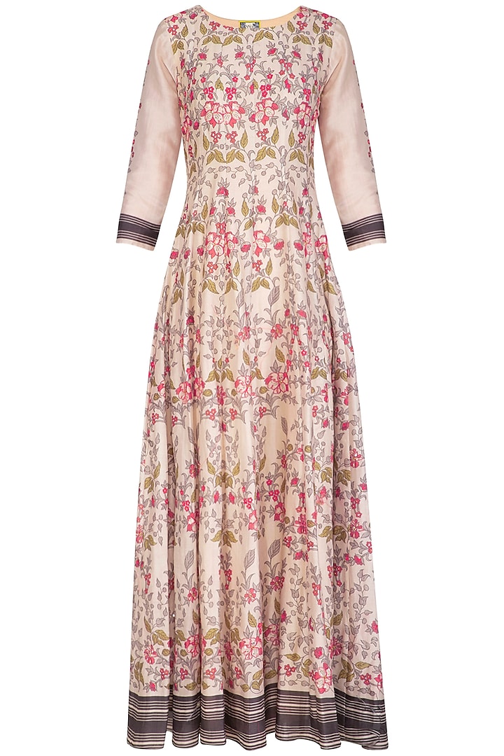 Off White Embroidered Printed Flared Maxi Dress by Soup by Sougat Paul