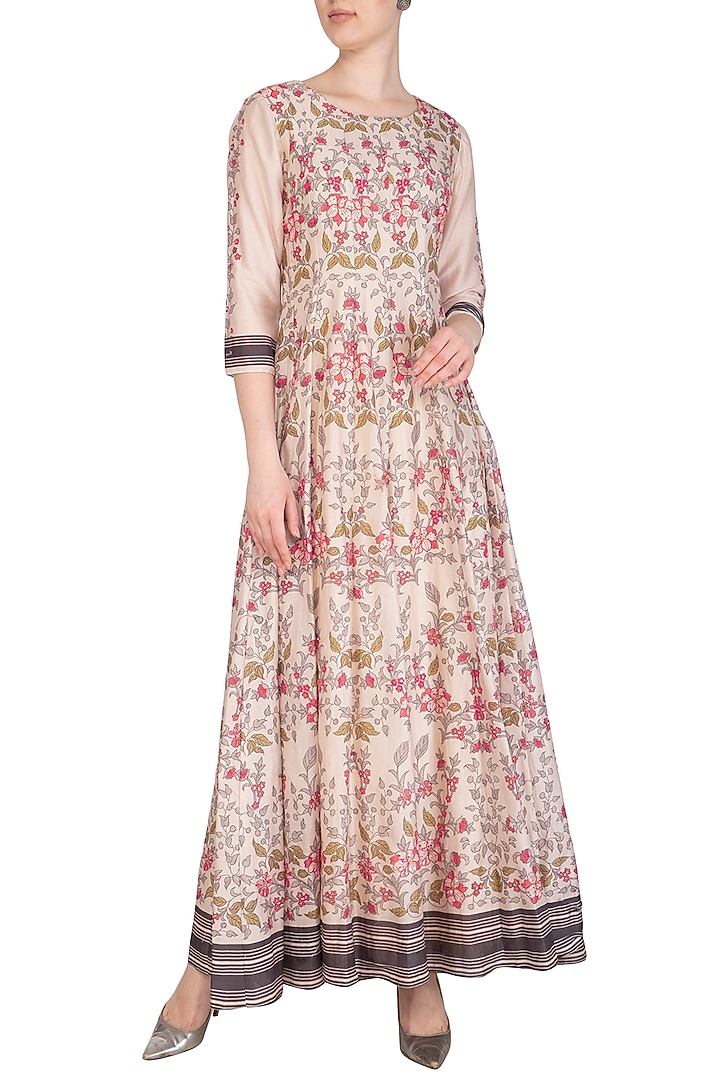Off White Embroidered Printed Flared Maxi Vacation Dress by Soup by Sougat Paul at Pernia's Pop Up Shop
