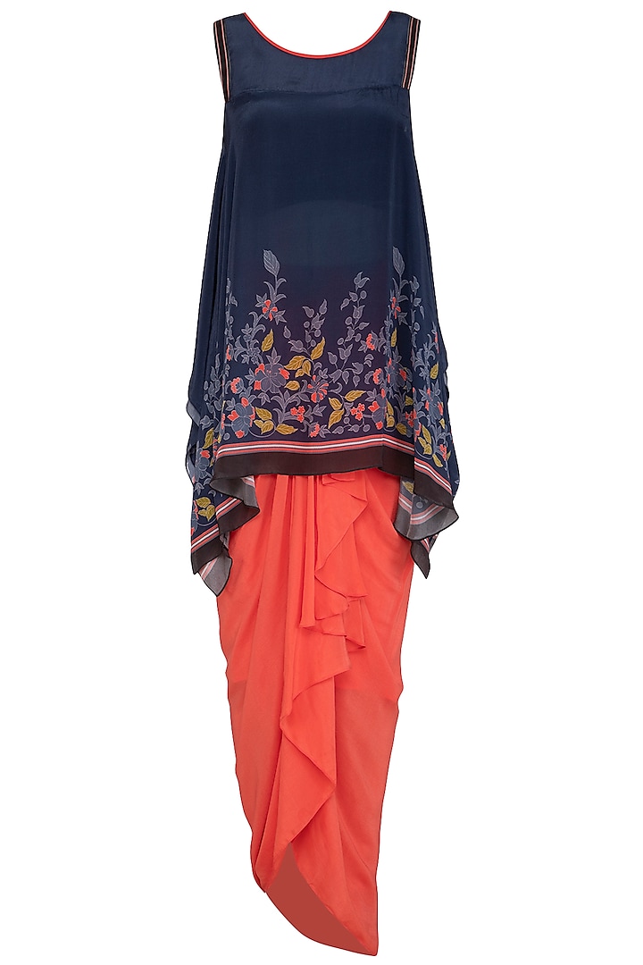 Indigo Blue Embroidered Printed Top With Draped Skirt by Soup by Sougat Paul