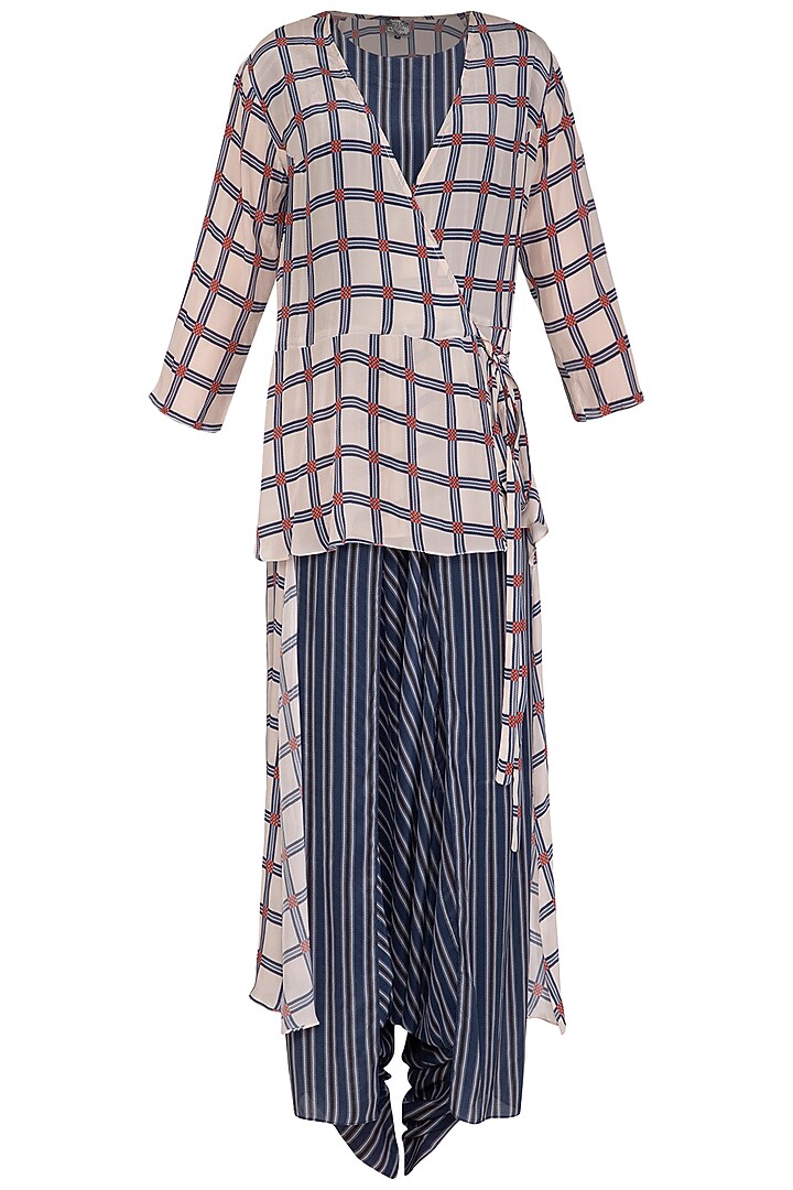 Indigo Blue Printed Embroidered Jumpsuit With High-Low Jacket by Soup by Sougat Paul at Pernia's Pop Up Shop