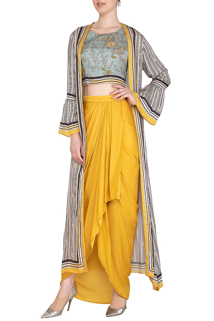 Powder Blue Embroidered Printed Crop Top With Dhoti Pants & Jacket by Soup by Sougat Paul at Pernia's Pop Up Shop