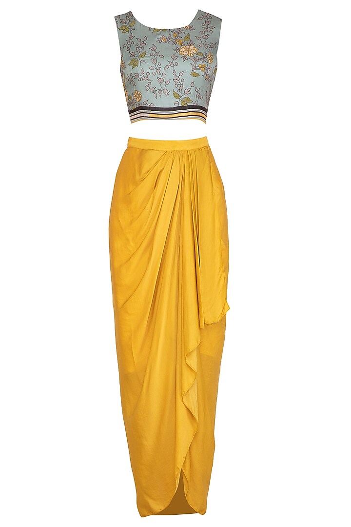 Powder Blue Embroidered Printed Crop Top With Dhoti Pants & Jacket by Soup by Sougat Paul at Pernia's Pop Up Shop
